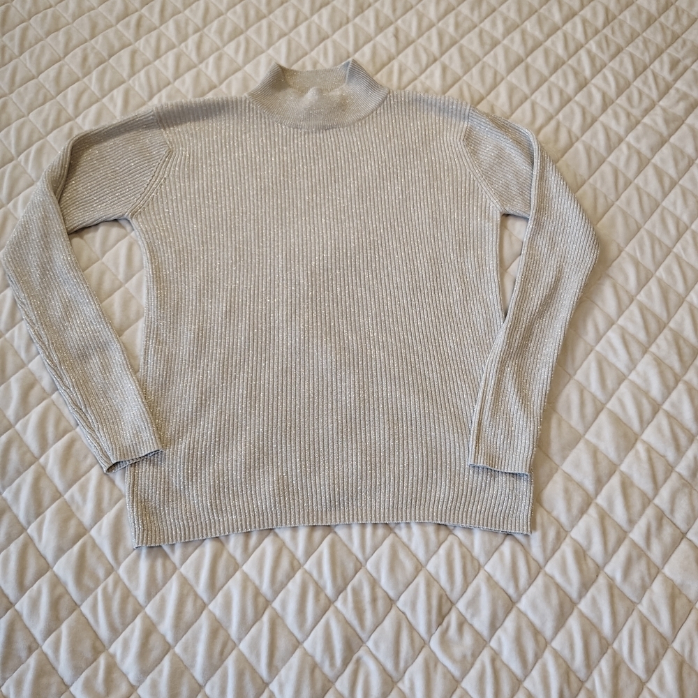 Joseph Women's Light Gray And Silver Metallic Turtleneck Sweater Size M,Silk.